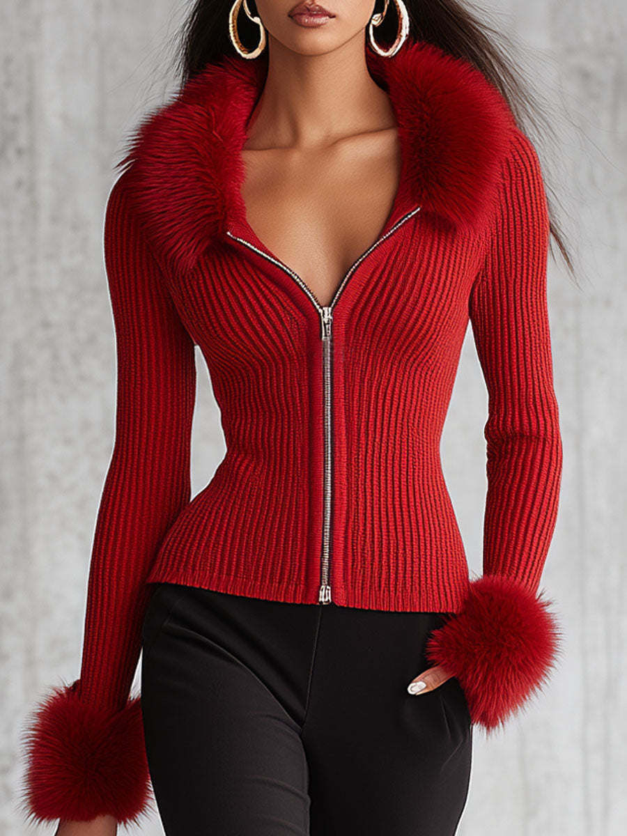 Faux Fur Collar Zip-Up Knit Cardigan with Lapels and Fur Cuffs for Women