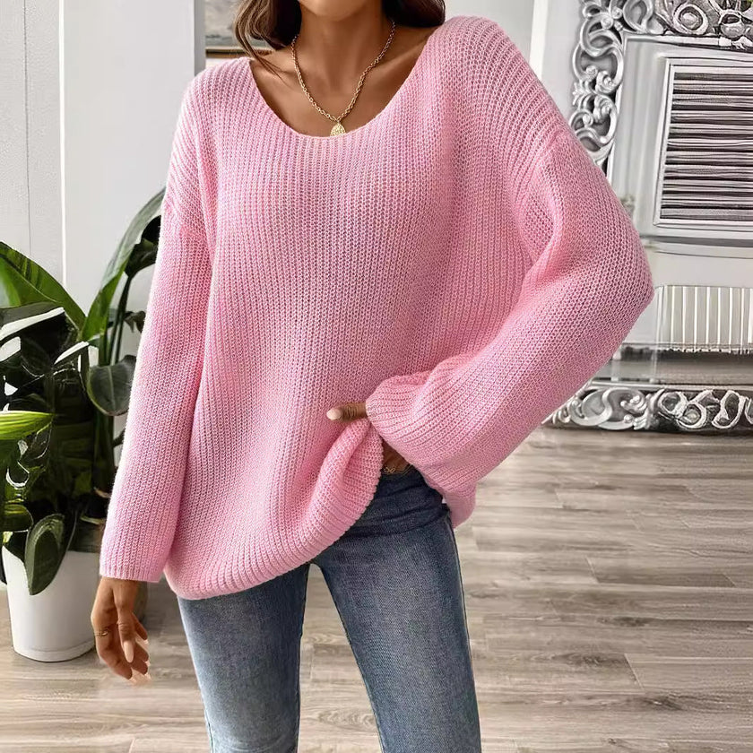 Knit Sweater Women Round Neck Relaxed Fit Long Sleeve