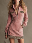 Pink faux suede leopard print mini dress by FJØRNA, casual dress with long sleeves and a fitted silhouette.
