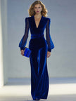Royal blue velvet V-neck mesh long sleeve jumpsuit for women by FJØRNA, featuring a stylish fitted design and elegant fabric.