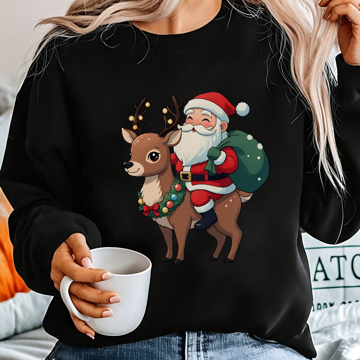 Ugly Christmas Sweater Reindeer Santa Fleece Crew Neck Tacky Holiday Jumper | Cosima