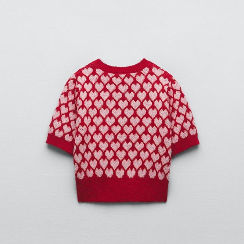 Short Sleeve Knit Sweater Women Heart Jacquard Crew Neck
