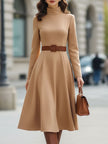 FJØRNA elegant camel turtleneck belted midi dress, showcasing a stylish long-sleeve dress with a waist belt and midi length.