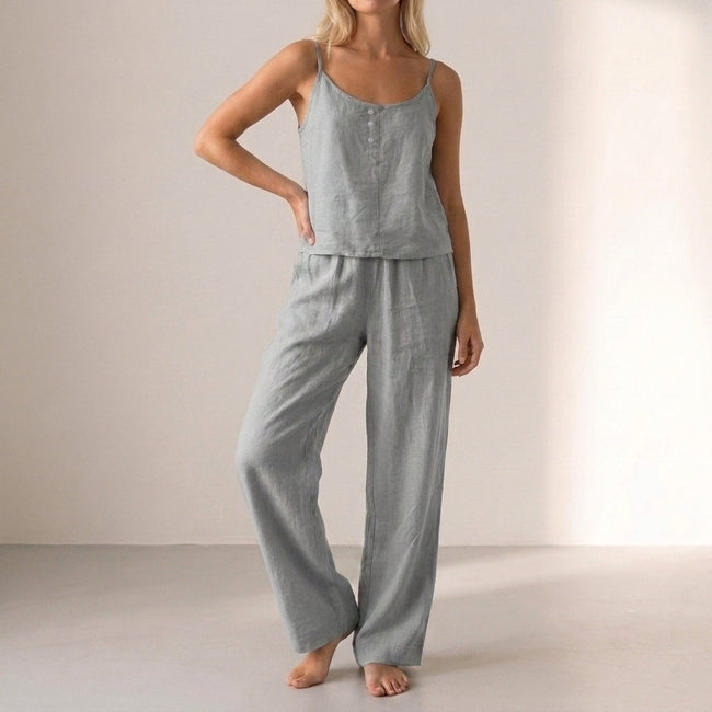 Dark gray FJØRNA women's summer two-piece set with button front scoop neck top and matching shorts, casual and stylish.