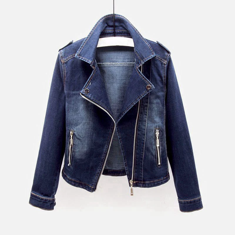 Denim Moto Jacket Women Fitted Zip Front Cropped Cotton