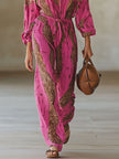 Rose red leopard print chiffon long sleeve jumpsuit for women, stylish and flowy pants from FJØRNA.