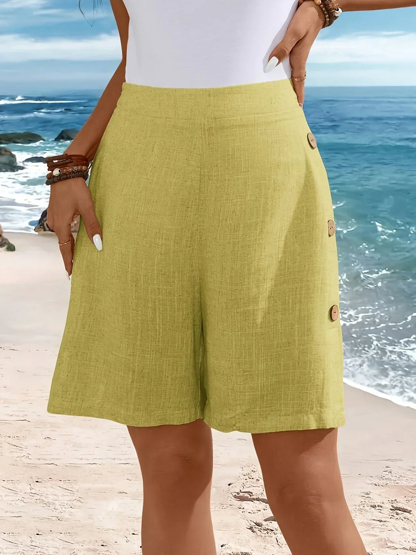 FJØRNA lightweight summer women's shorts with elastic waist and button front, casual and breathable for warm weather.