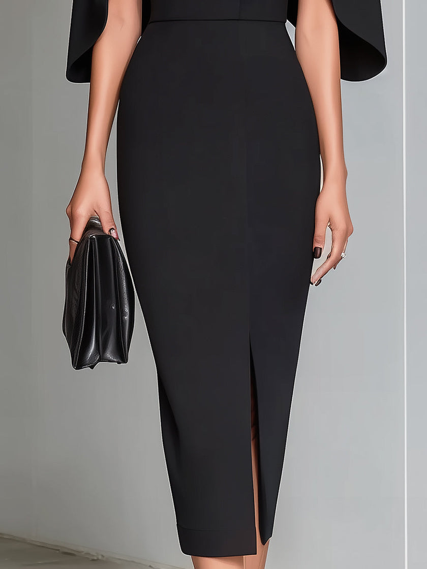 FJØRNA black cape-sleeve midi sheath dress, elegant cocktail dress with flowing cape sleeves and fitted silhouette.