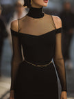 FJØRNA black mesh-panel cutout bodycon dress, a sleek cocktail dress with stylish mesh accents and fitted silhouette.
