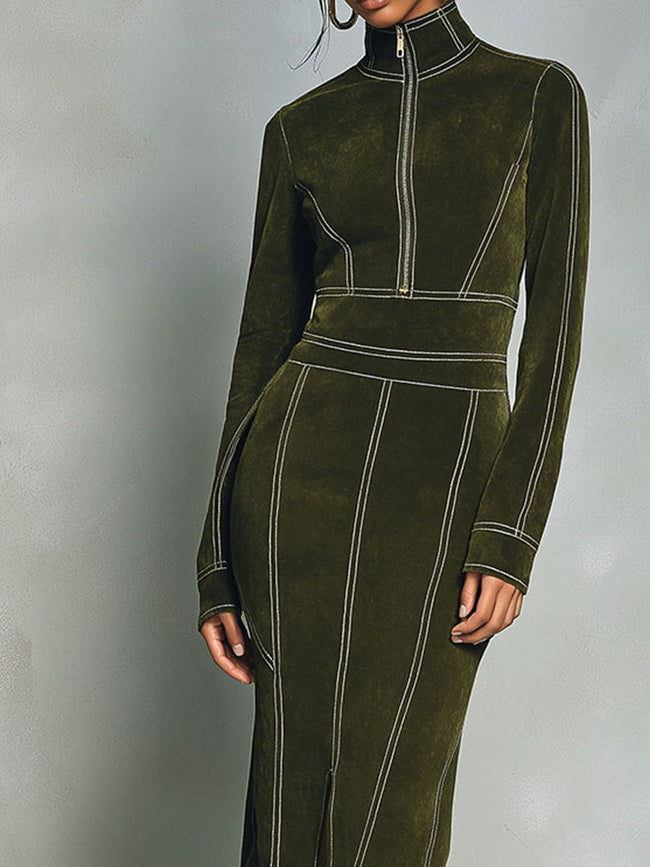 Olive green FJØRNA high-neck zip-up bodycon midi dress, close-up of fitted design and sleek fabric.