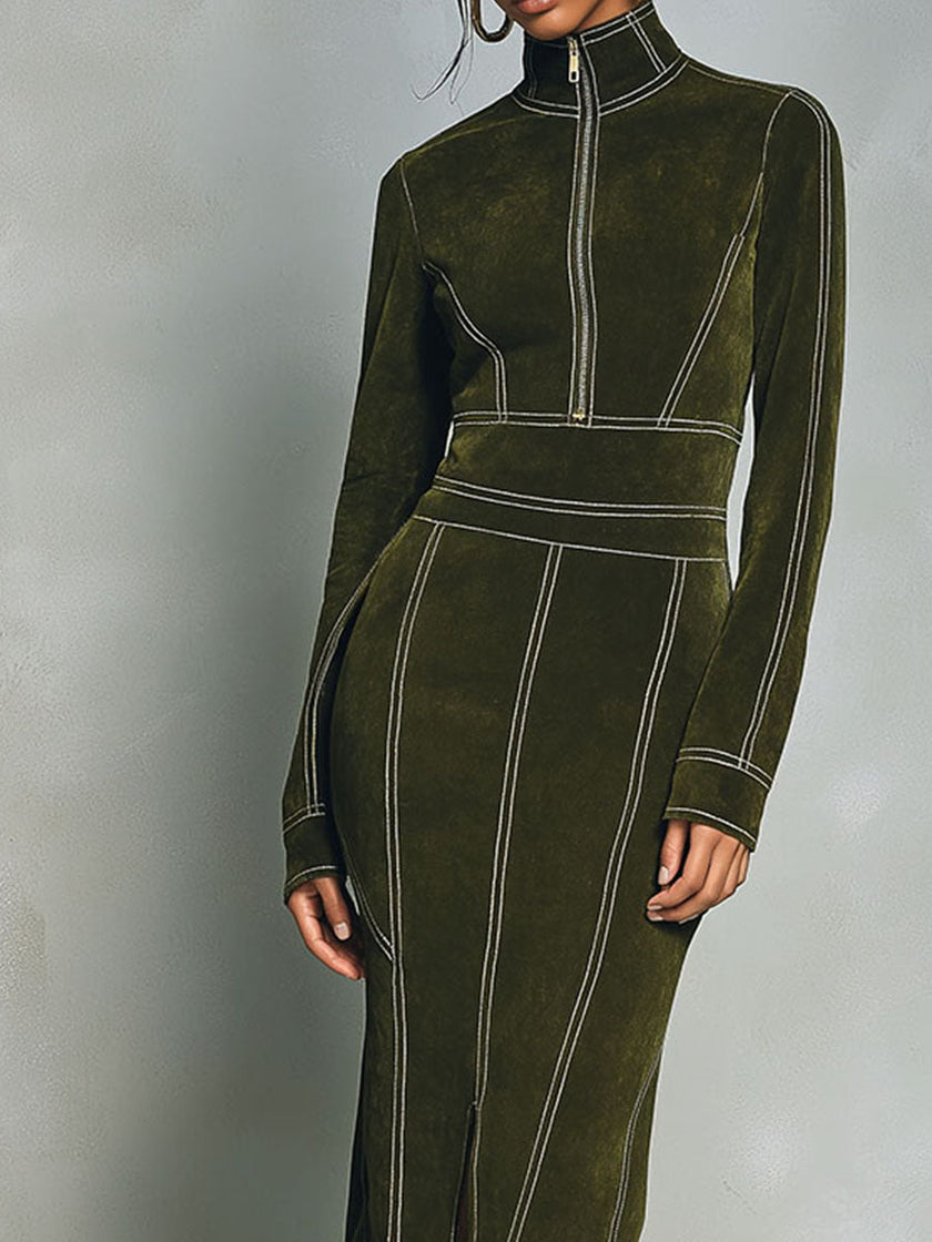 Olive green FJØRNA high-neck zip-up bodycon midi dress, close-up of fitted design and sleek fabric.