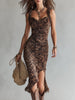 FJØRNA leopard print midi dress for women, showcasing a stylish, fitted dress with bold animal print and elegant midi length.