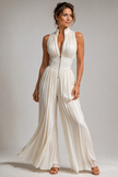 Pleated Jumpsuit Women Halter Neck High Waist Wide Leg