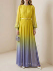 FJØRNA high waisted long sleeve maxi dress with belted contrast color gradient, pleated split-joint round neck, elegant and stylish.