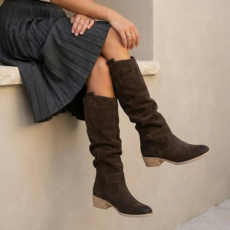 Slouchy Knee-High Suede-Look Boots with Studded Ankle Strap and Low Heel for Women | Harriet