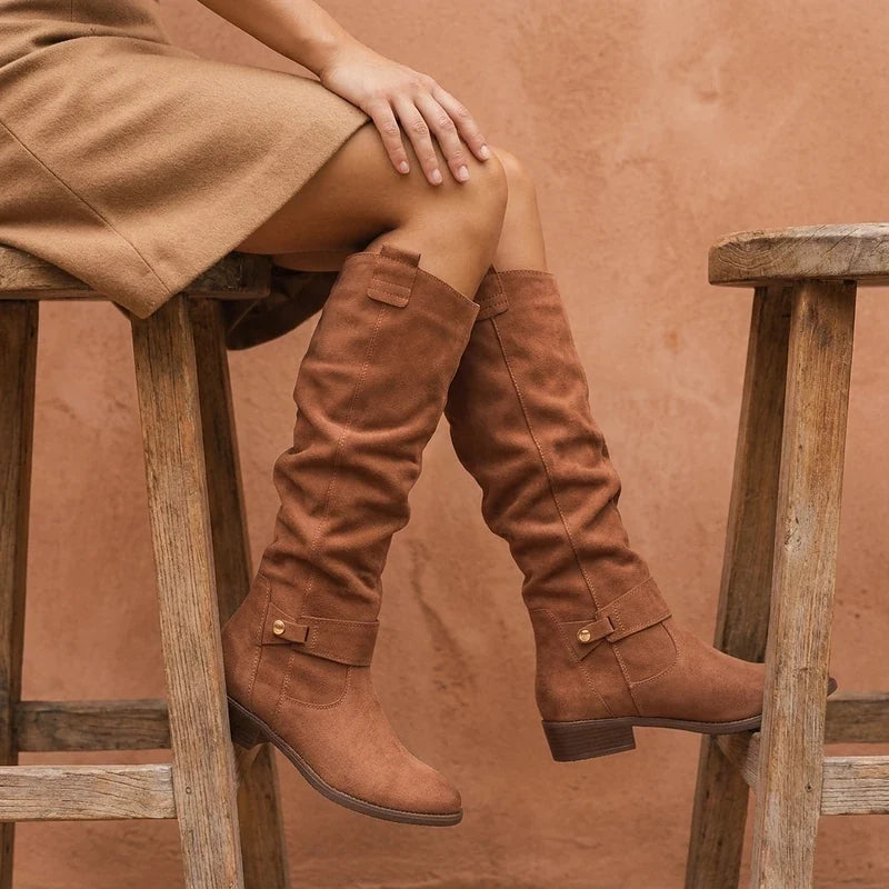 Slouchy Knee-High Suede-Look Boots with Studded Ankle Strap and Low Heel for Women | Harriet