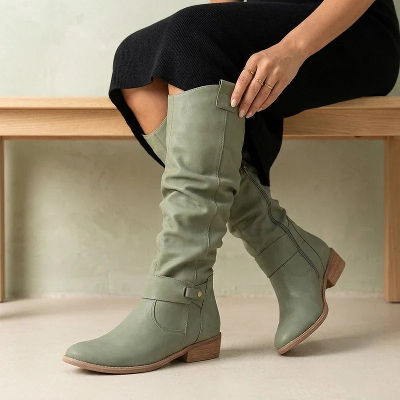 Slouchy Knee-High Suede-Look Boots with Studded Ankle Strap and Low Heel for Women | Harriet