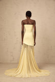 Yellow off-shoulder sheer tulle maxi dress by FJØRNA featuring a flowy silhouette and elegant design for women.