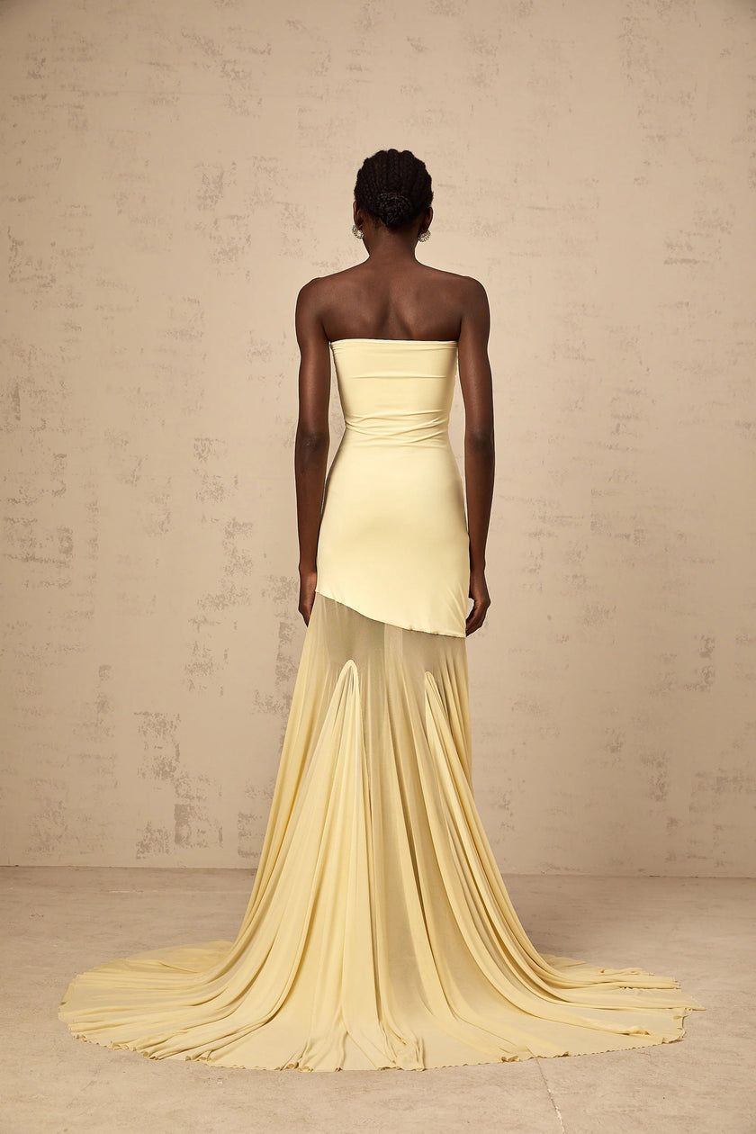 Yellow off-shoulder sheer tulle maxi dress by FJØRNA featuring a flowy silhouette and elegant design for women.