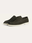 Men's dark green suede moccasins slippers by FJØRNA, featuring soft suede material and classic slip-on design.