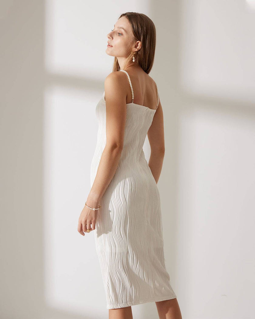 Red pearl-strap textured midi dress by FJØRNA featuring water ripple pattern and elegant, flowing design for women.