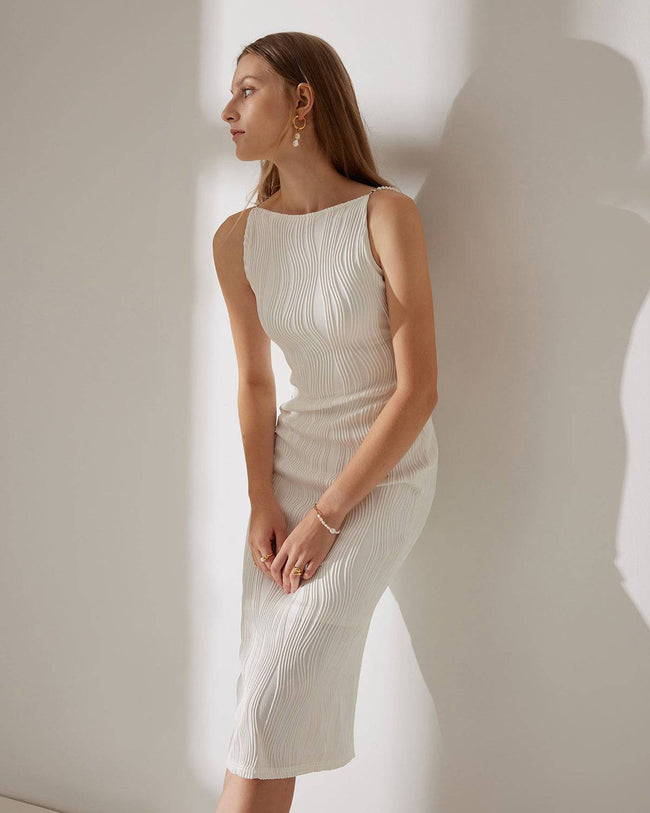 Red Pearl-Strap Textured Midi Dress by FJØRNA, featuring a ripple textured fabric and elegant design for women.