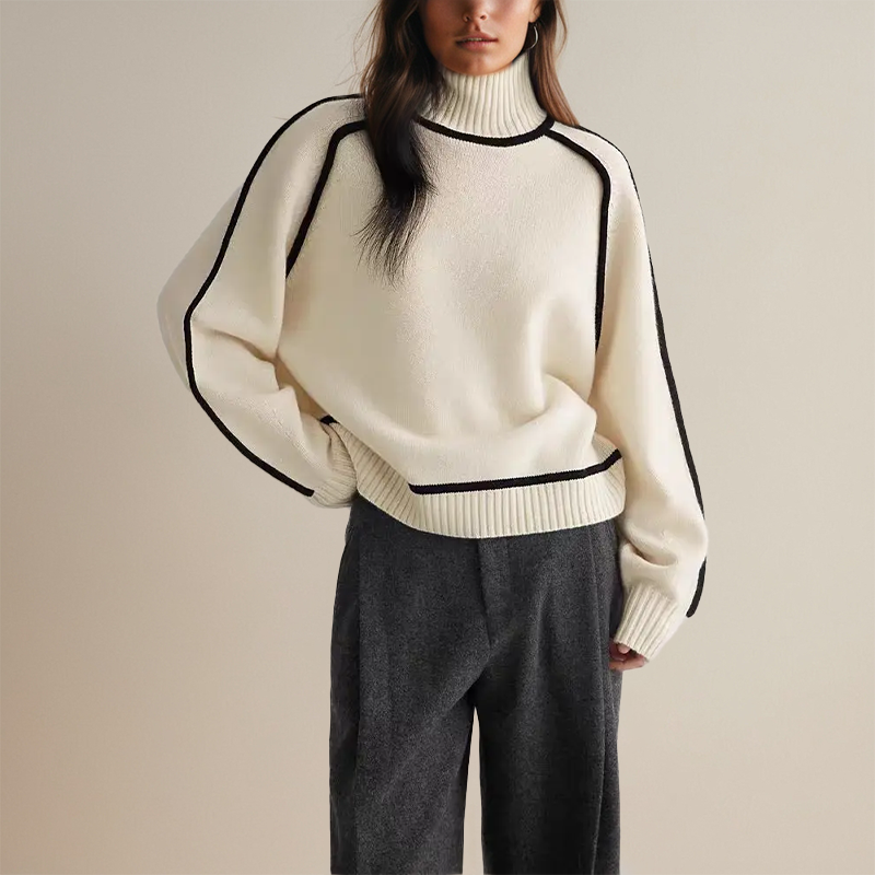 High Neck Knit Sweater Women Wide Sleeve Relaxed Fit