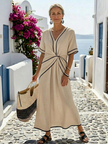FJØRNA women's summer midi dress featuring a V-neck, short sleeves, flowy lightweight fabric, ideal for warm weather.