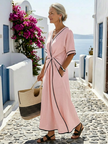 Lightweight V-neck short sleeve summer midi dress for women by FJØRNA, flowy and perfect for warm weather.