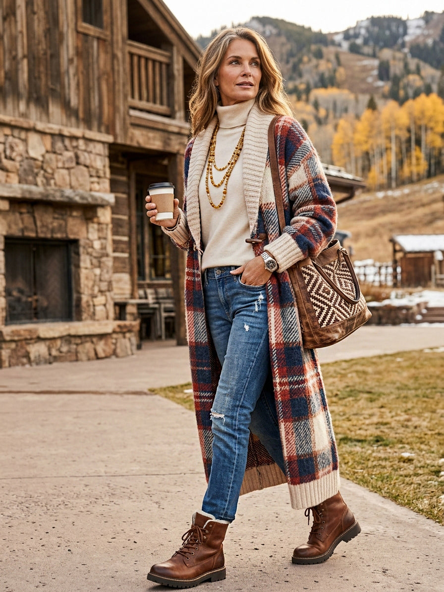 Plaid Jacquard Knit Cardigan with Shawl Collar and Toggle Fastenings for Women