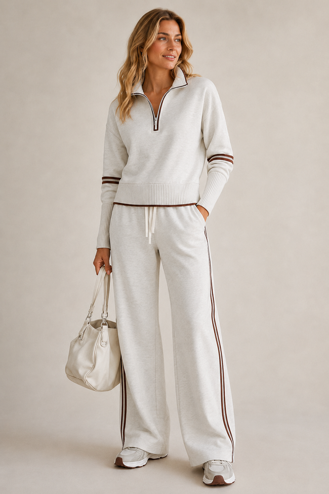 Two-Piece Set Women Half Zip Sweater Wide Leg Stand Collar