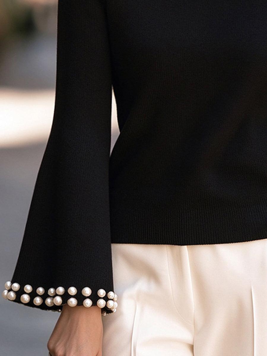 Black Fine-Knit Crew Neck Sweater with Pearl-Embellished Bell Sleeves for Women