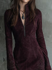 FJØRNA vintage suede mini dress with embroidered lace trim, women's party dress featuring a stylish and elegant design.