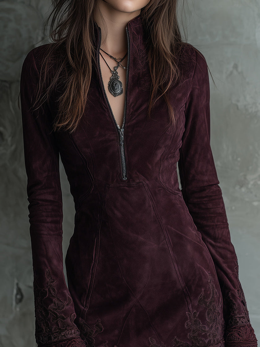 FJØRNA vintage suede mini dress with embroidered lace trim, women's party dress featuring a stylish and elegant design.