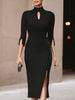 FJØRNA black keyhole front midi dress, elegant cocktail dress with fitted silhouette and stylish front keyhole detail.