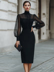 FJØRNA high-neck sheer sleeve tailored pencil midi dress, elegant cocktail dress with fitted silhouette and stylish design.