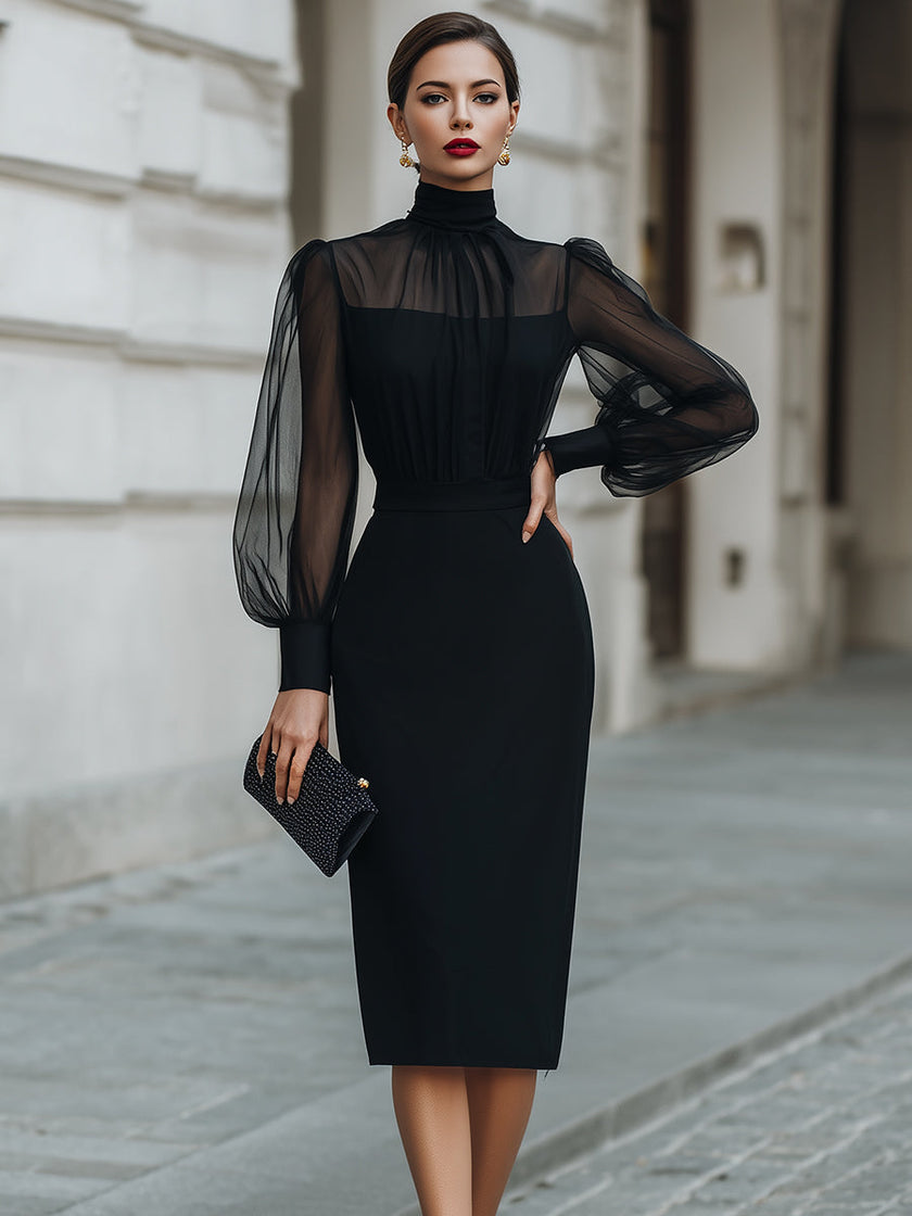 FJØRNA high-neck sheer sleeve tailored pencil midi dress, elegant cocktail dress with fitted silhouette and stylish design.