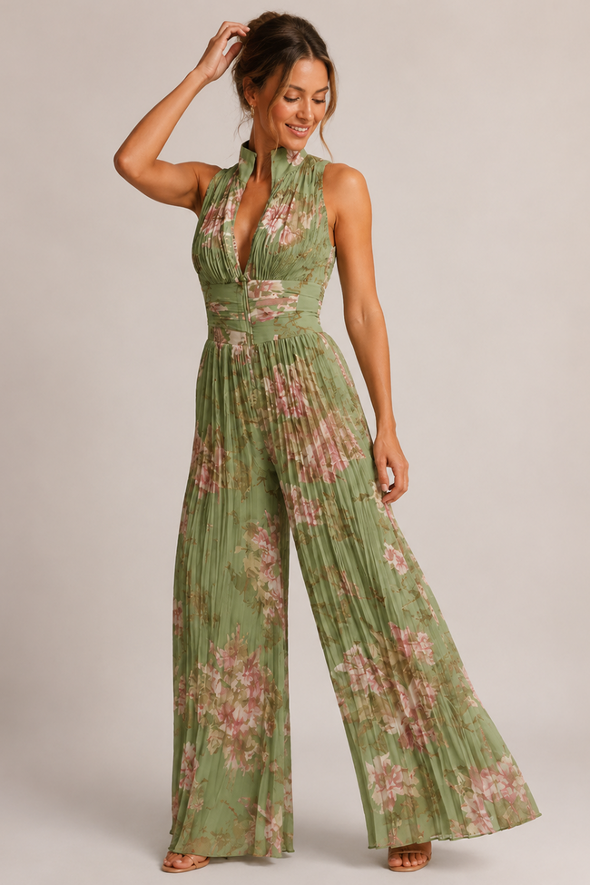 Pleated Jumpsuit Women Halter Neck High Waist Wide Leg