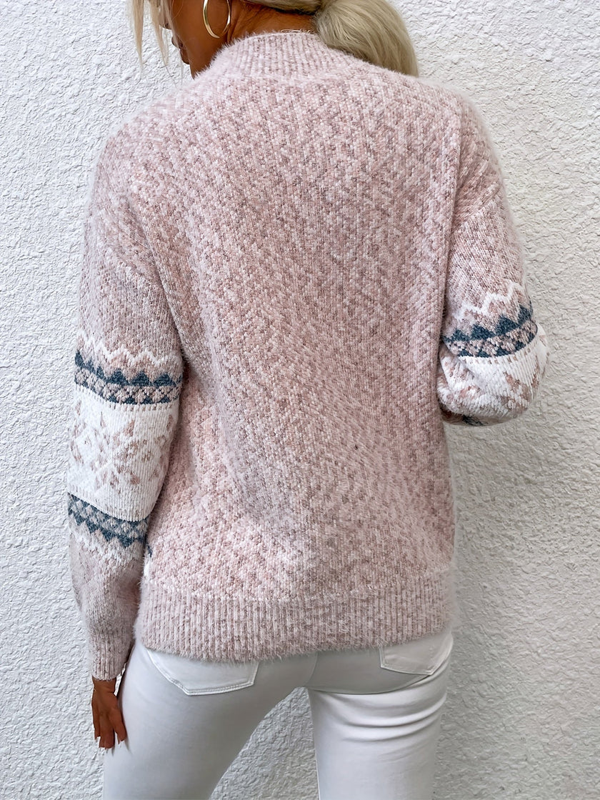 Fair Isle Christmas Sweater Snowflake Chunky Knit Half Turtleneck Holiday Jumper | Heidi