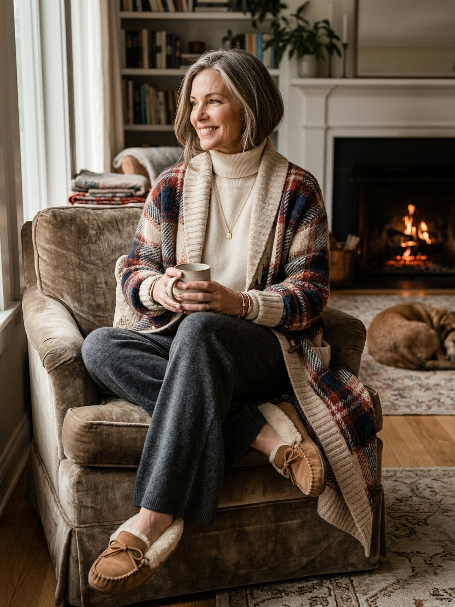 Plaid Jacquard Knit Cardigan with Shawl Collar and Toggle Fastenings for Women