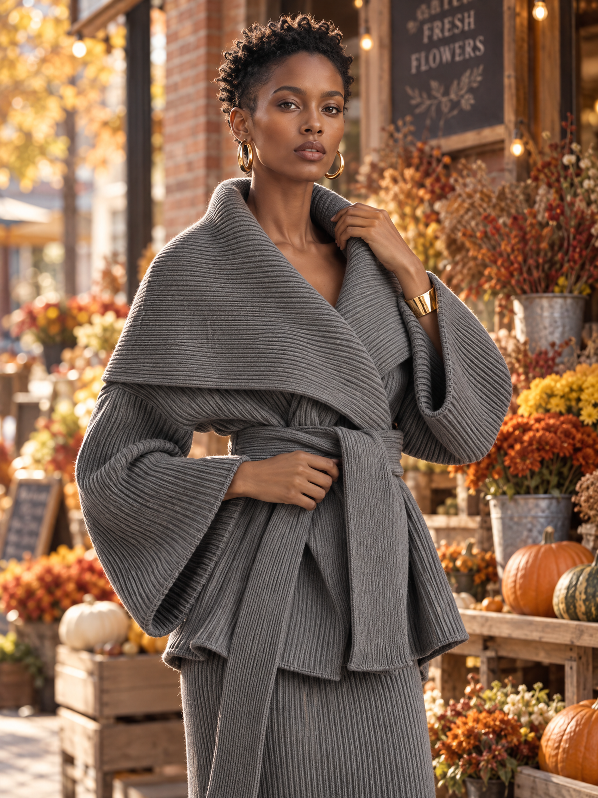 Chunky Ribbed Knit Wrap Cardigan in Grey with Shawl Collar and Tie Belt for Women