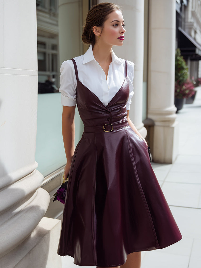 White shirt dress with wine-red leather suspenders from FJØRNA, stylish leather dress perfect for elegant daytime wear.