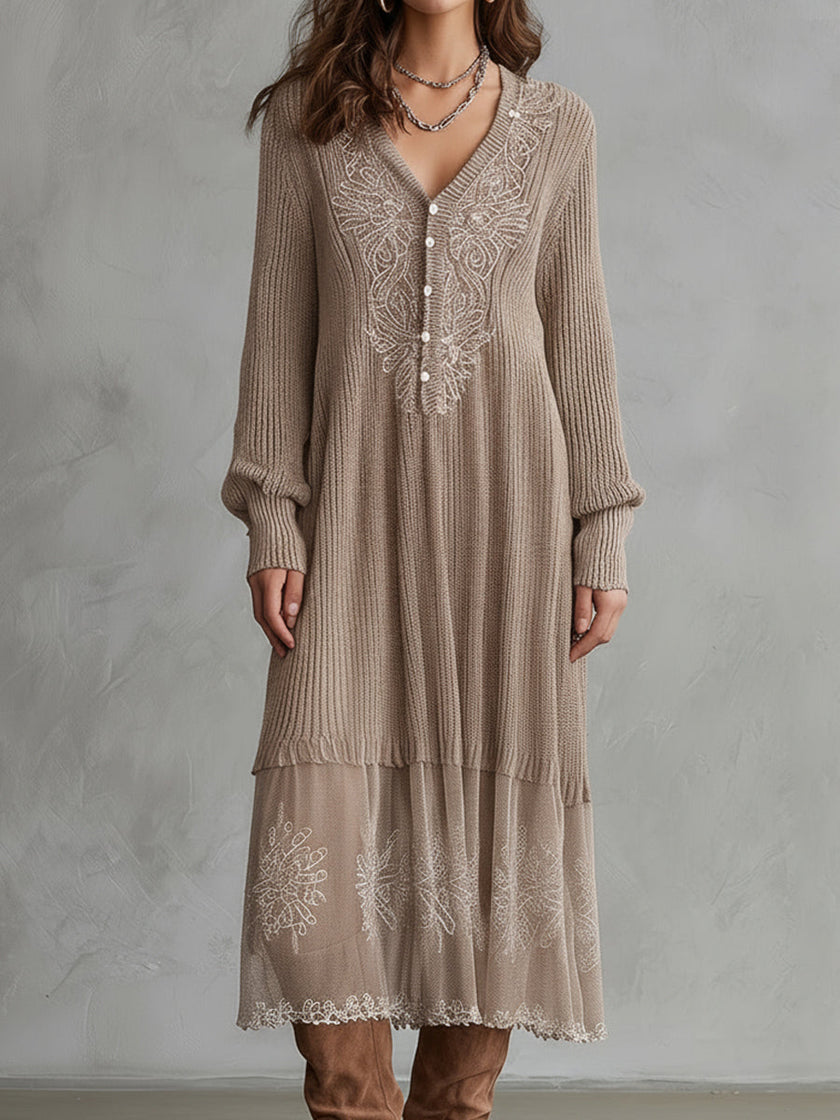 FJØRNA Whispered Snow Knit Maxi Dress, elegant occasion dress in soft knit fabric with a flowing silhouette and long sleeves.