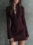 Vintage FJØRNA suede mini dress with embroidered lace trim, perfect for parties, featuring a stylish and elegant design.