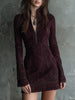 Vintage FJØRNA suede mini dress with embroidered lace trim, perfect for parties, featuring a stylish and elegant design.