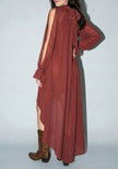 FJØRNA halter neckline sleeveless asymmetric maxi dress for women, flowing fabric with elegant drape and stylish design.