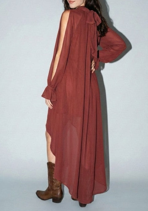 FJØRNA halter neckline sleeveless asymmetric maxi dress for women, flowing fabric with elegant drape and stylish design.