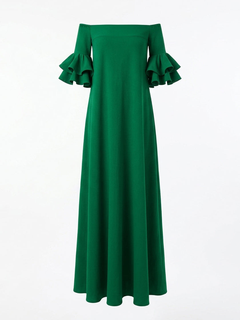 FJØRNA white off-the-shoulder maxi dress with half sleeves, loose fit, solid color, perfect for casual or summer wear.
