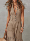 FJØRNA khaki cotton sleeveless maxi dress for women, flowing and comfortable, perfect for warm weather and casual outings.