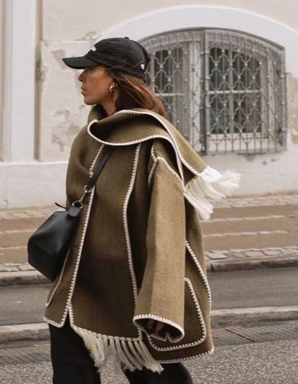 Cape Coat Open Front Fringe Hem Contrast Trim Oversized Poncho Wrap | Fenna